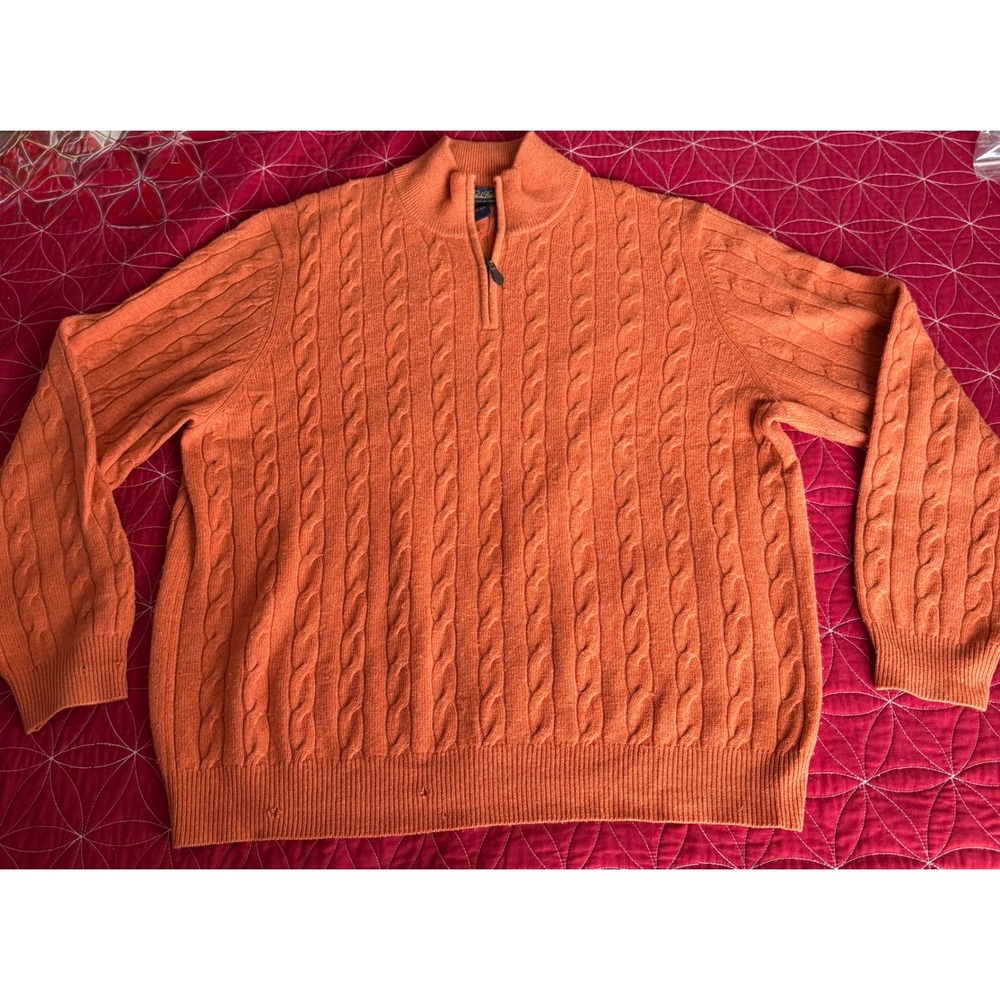 Brooks Brothers Mens XL Orange Italian Lambswool Cable Knit Quarter Zip Sweater